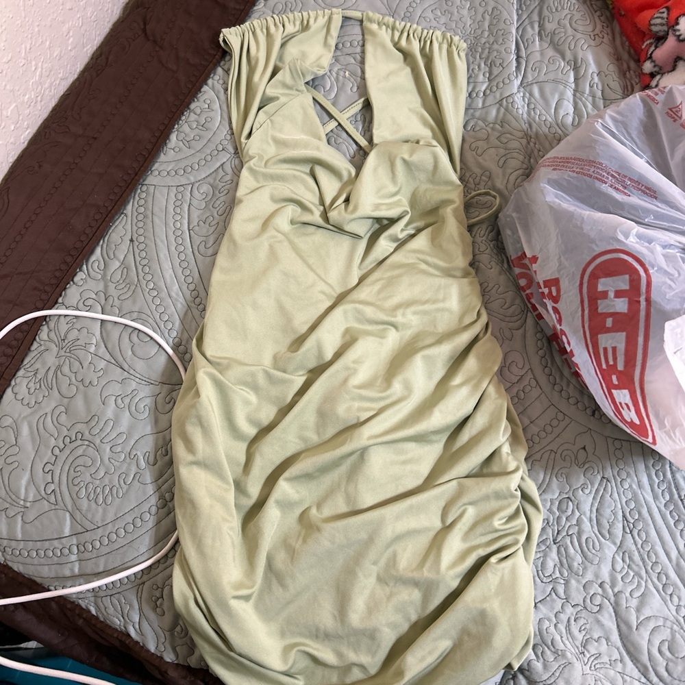 SHEIN Green Ruched Halter Bodycon Dress